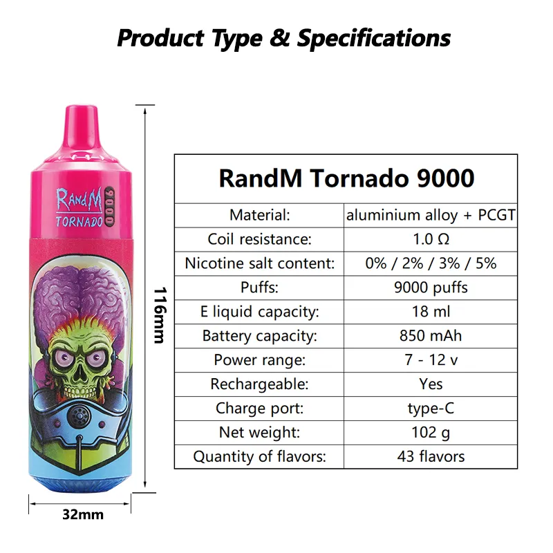 Original RandM Tornado Puff 9000 Disposable Vape Pen Pod Device Puff 9k