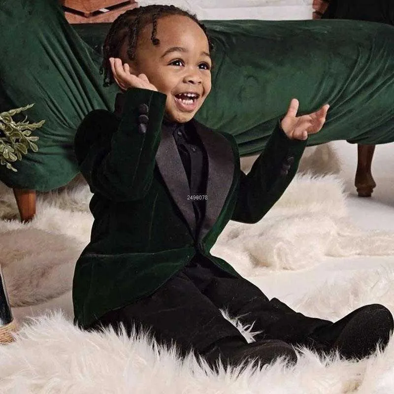 Suits Kids 1 Year Birthday Dress Baby Boys Green Velvet Blazer Jacket Pants Photograph Suit Children Wedding Performance Party WearHKD230704