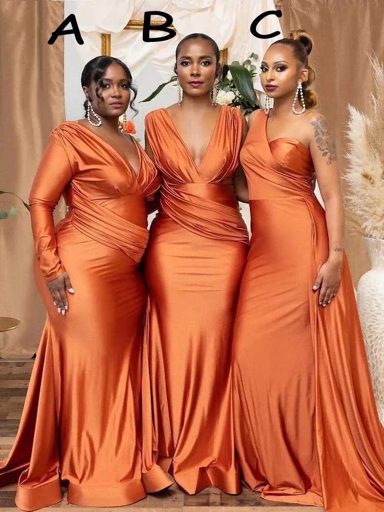 Elegant African Mermaid Burnt Orange Bridesmaid Dresses With V Neck And Sweep Train For Plus Size Women Perfect For Second Reception And Wedding Guests CL2539 From Allloves 92.32 DHgate.Com