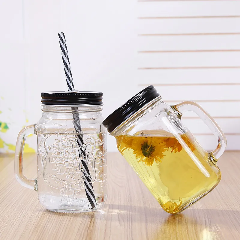 Drinking Cups With Straws Lids Glass Jar Cups With Handle Coffee Cup Juice  Cup