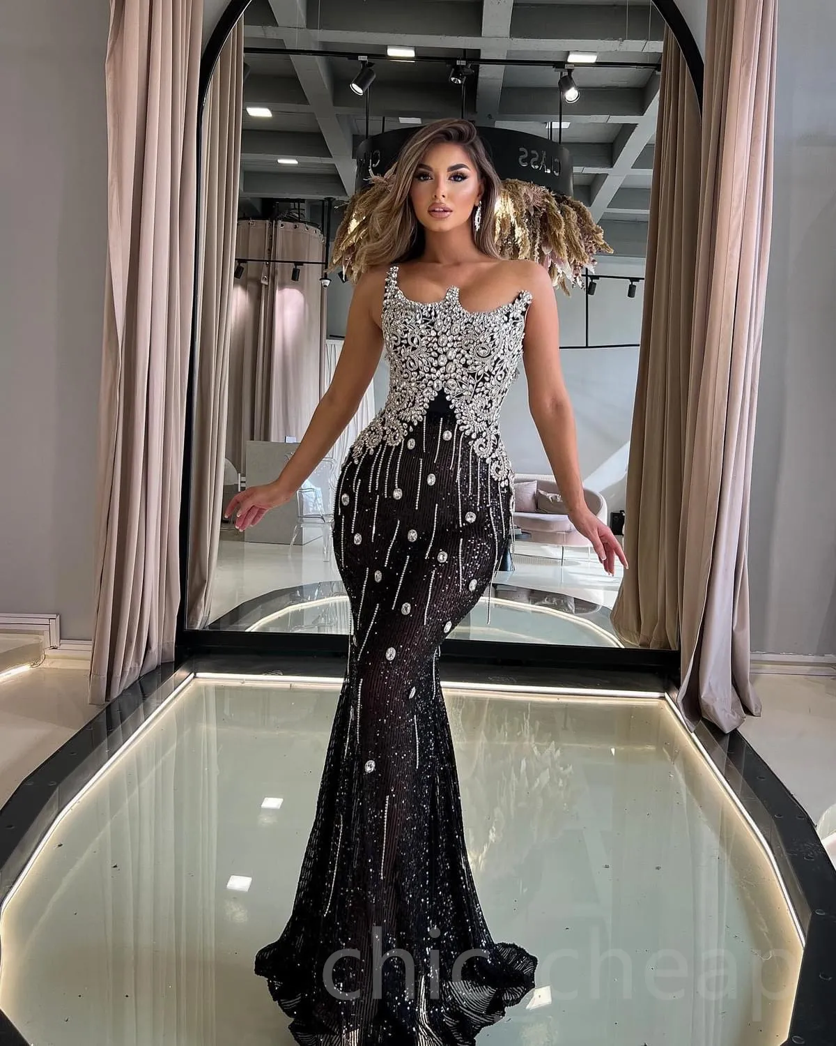 Black Mermaid Black Beaded prom dress with Beaded Crystals - Perfect for Evening Formal Parties, Receptions, Birthdays, and Engagements - 2023 Arabic
