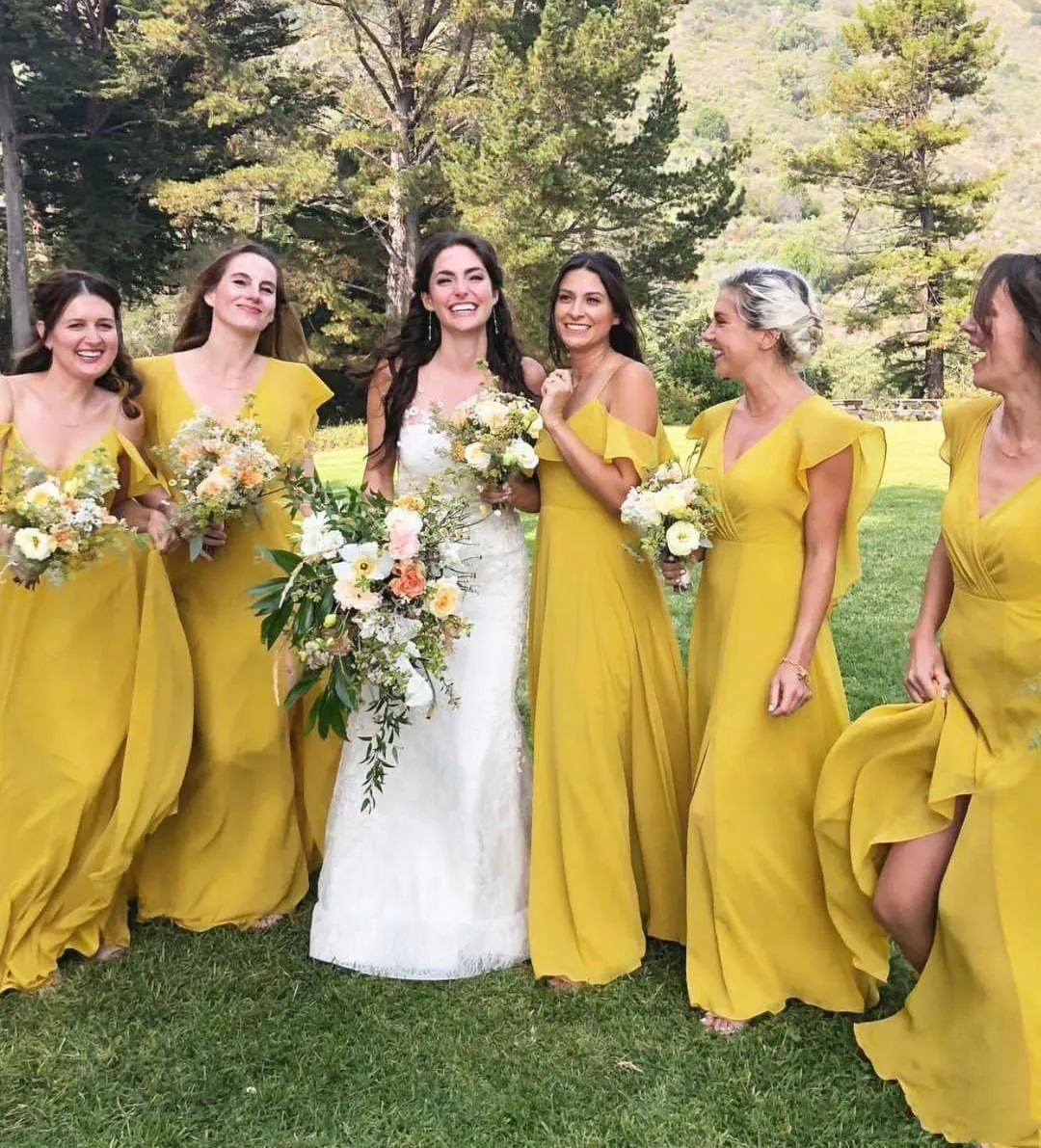 Bohemian V-Neck Chiffon Bridesmaid Dress with Sweep Train - 2023 Collection