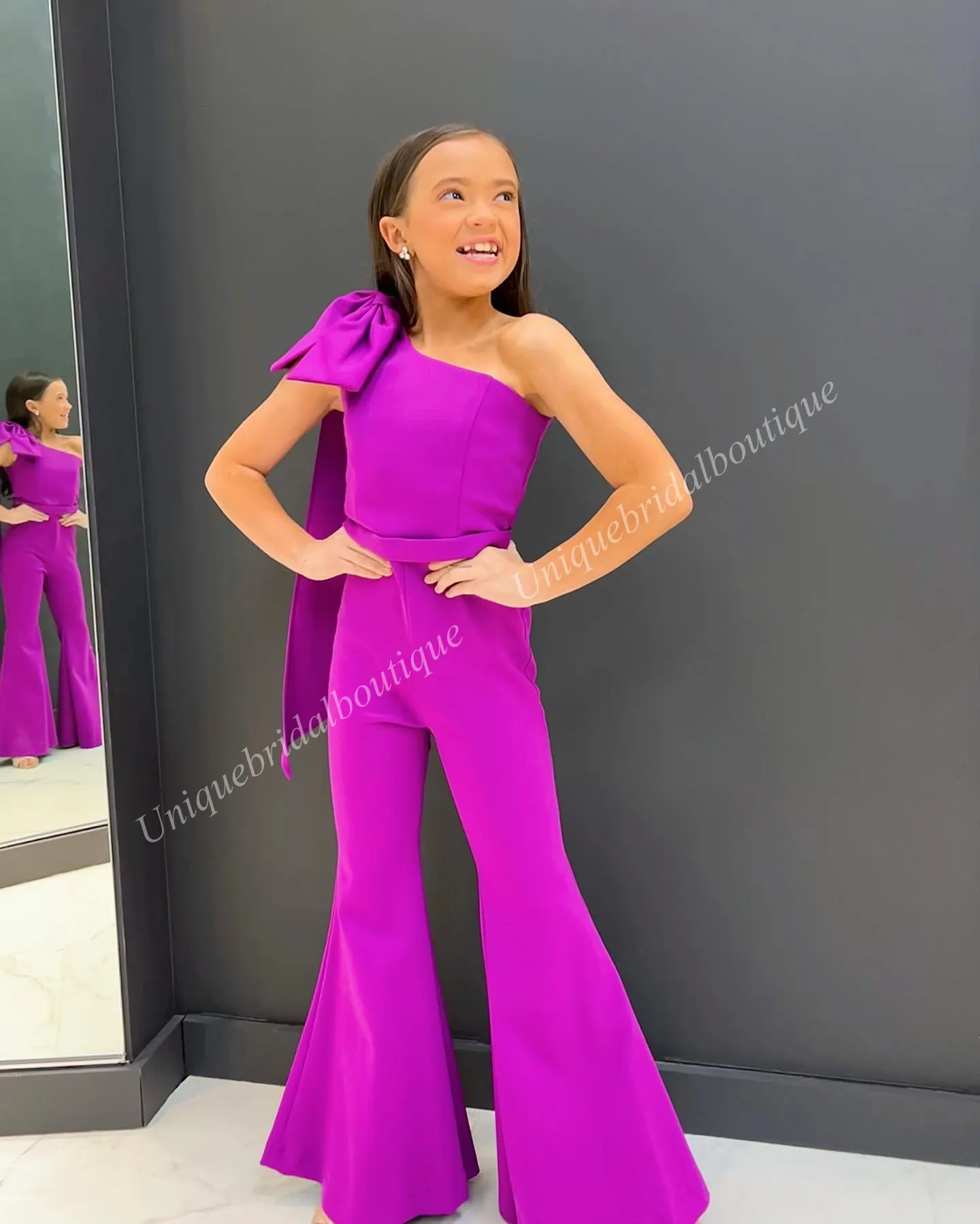 Jumpsuits Floor Length Flower Girl Dress Pageant & Performance 2024 One-Shoulder Juniors Cute Prom Dress Chiffon with Bow Fun Fashion Bell Flare Pants Hot Pink Purple