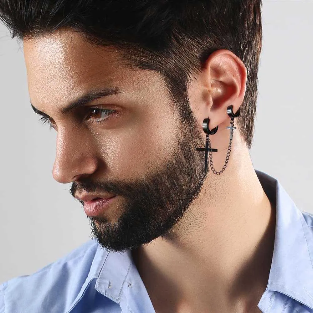 Stainless Steel Punk Black Cross Skull Dangle Earrings For Men