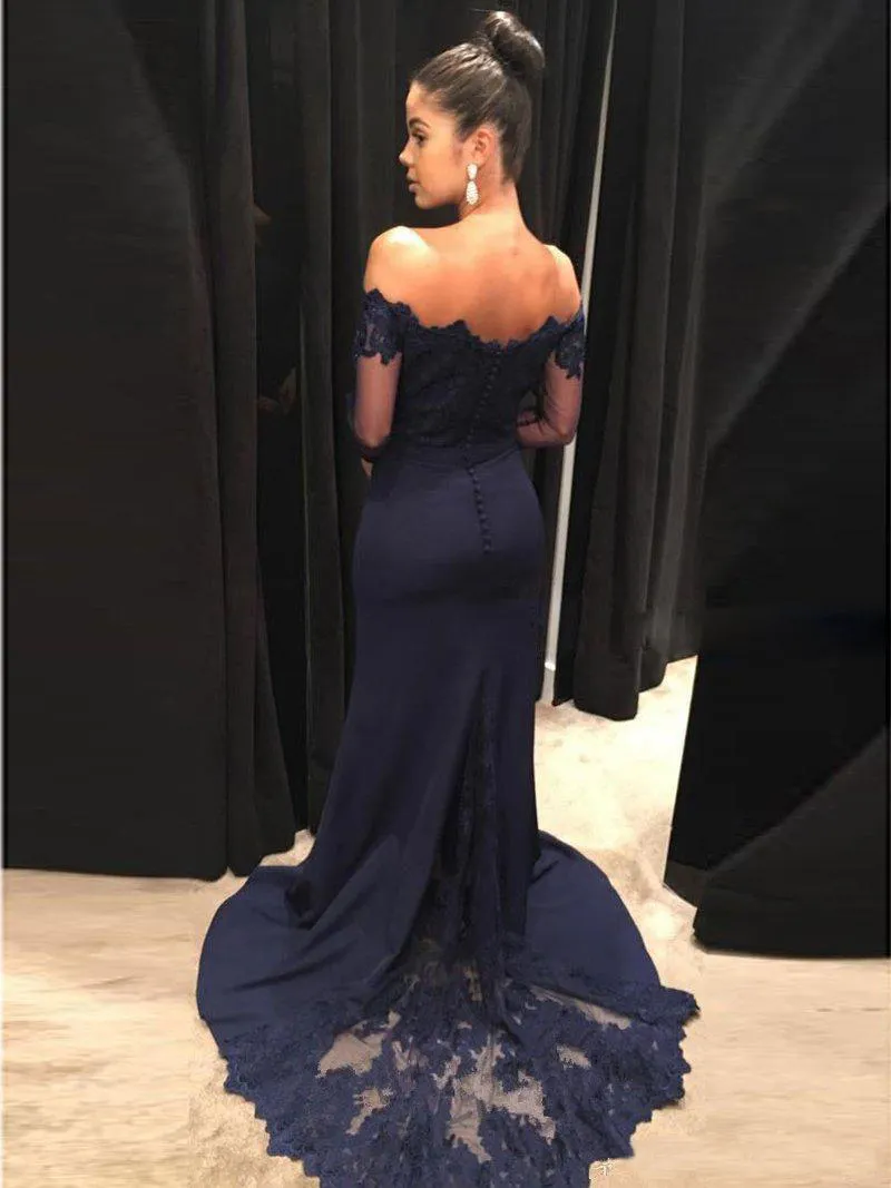 Vintage Navy Blue Off-Shoulder Mermaid bridesmaid dress with Long Sleeves and Lace Detailing - Perfect for Evening Prom, Weddings, and Special
