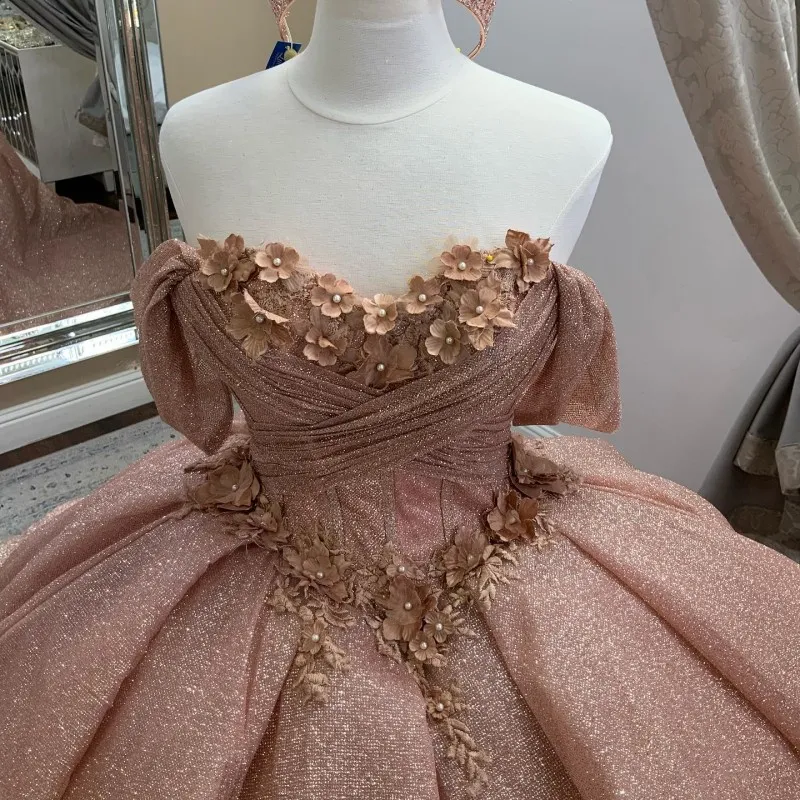 Rose Gold Shiny Straps Off the Shoulder Quinceanera Dress Ball Gown with  Crystal Appliques and 3D Flower Lace Corset Vestido De 15 from Dhgate  Quinceanera Dresses - price 267.22