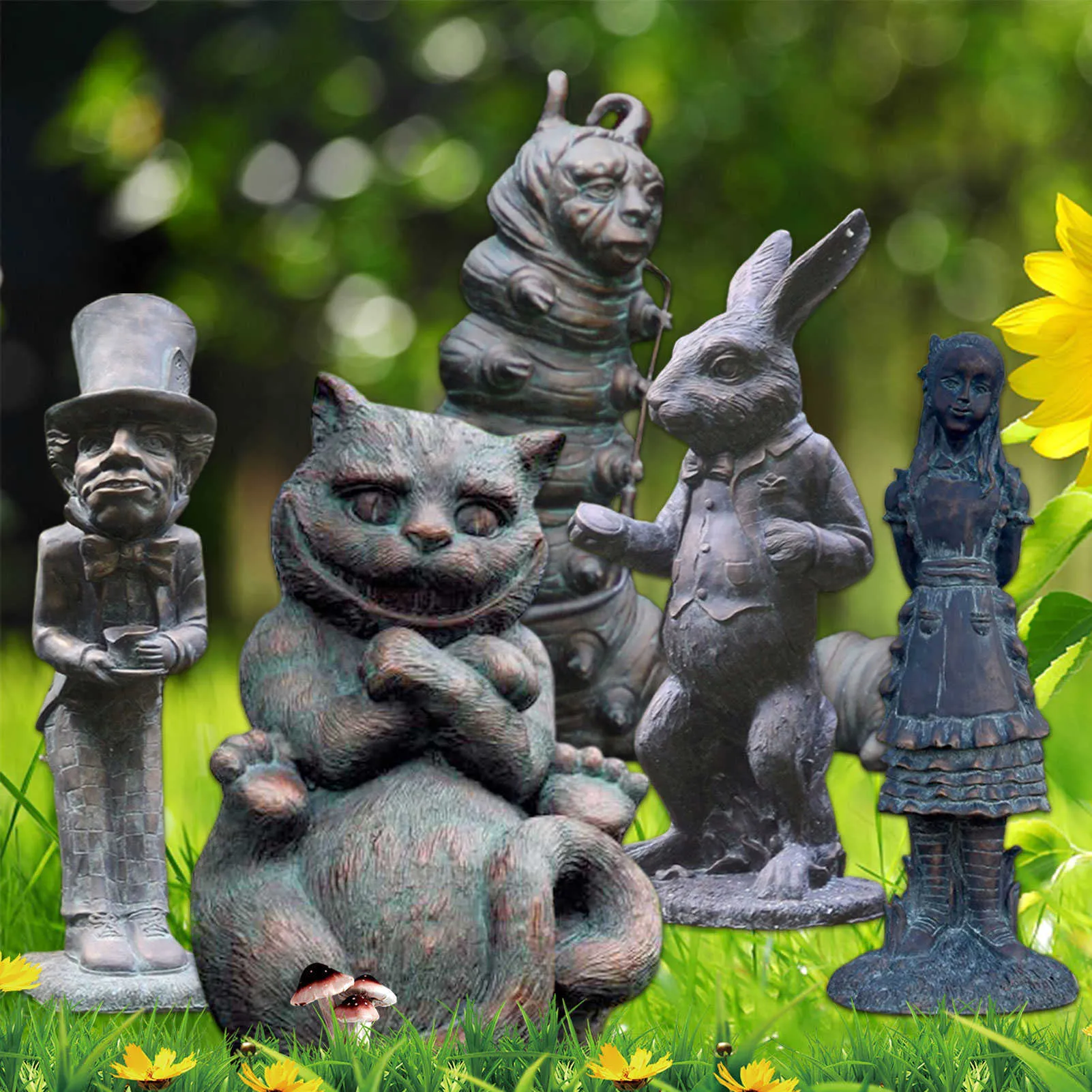 Alice In Wonderland Resin Garden Statue White Rabbit, Mad Hatter, And