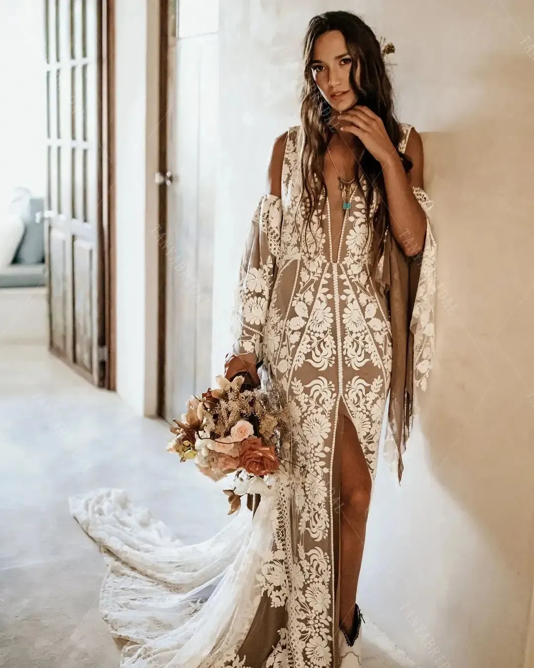 Boho Beach Style Bohemian Mermaid Wedding Dress With Delicate Lace Flare,  Long Sleeves, Plunging V Neckline, And Front Split Hippie CL2611 From  Allloves, $172.55