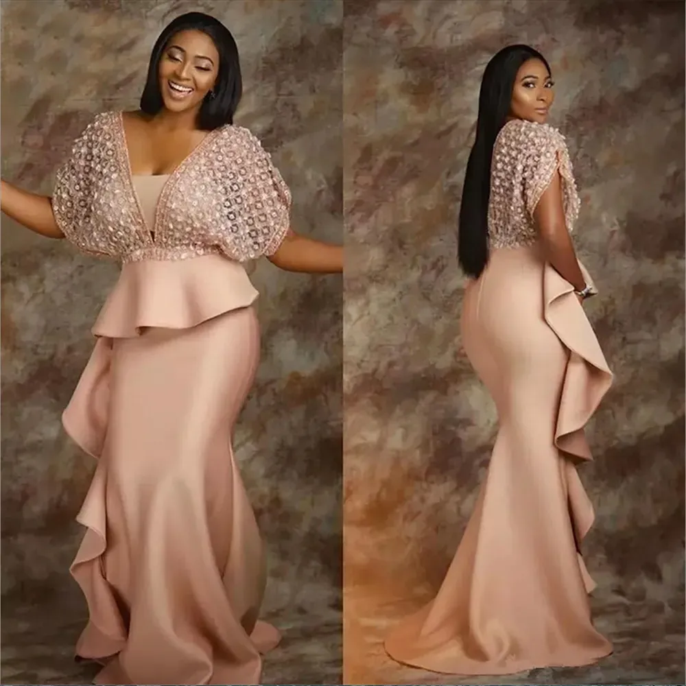 African Mermaid plus size prom dresses with V Neck Ruffles Peplum and Short Sleeves Plus Size Formal Evening Gown for Women Perfect for Trumpet Special Parties Style 0528