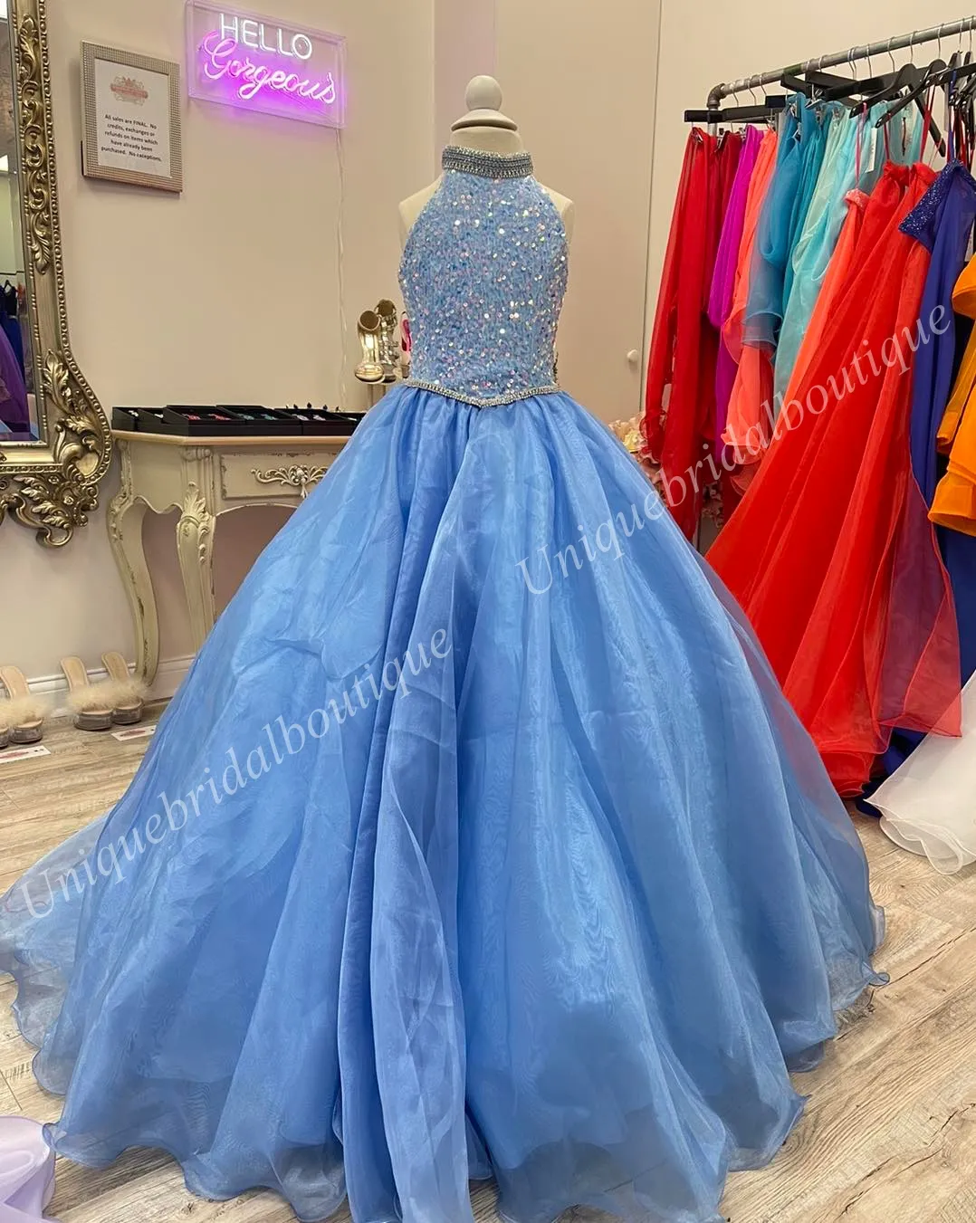 Orchid Girl Pageant Dress 2024 Crystal Straps Sequin Velvet Sweep Train Ball Gown Aqua Blue Toddler to Teen