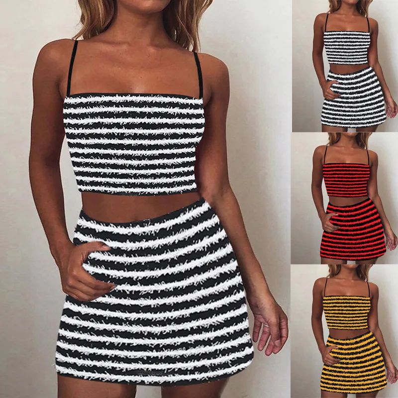 Women s 2 Piece Summer Dress Flocking Black and White Stripes Pattern Spaghetti Strap Cropped Top and Mini Dresses in Red Blue and Green