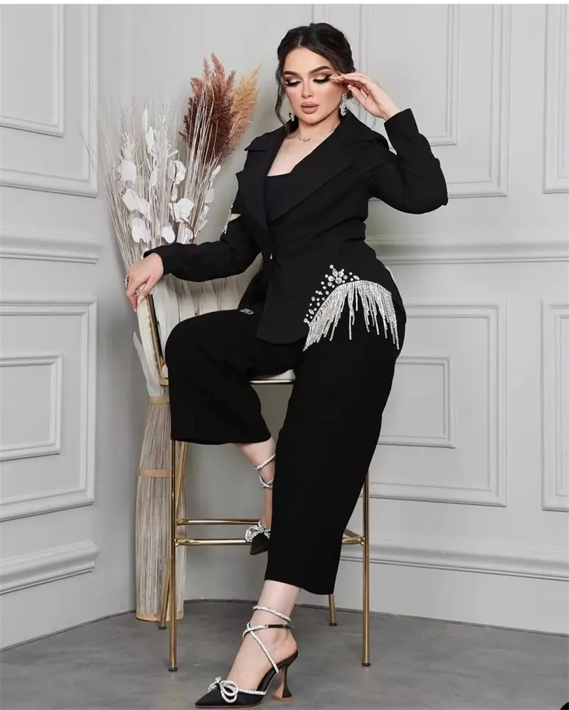 Black Women Pants Suits For Wedding Plus Size Crystal Beading