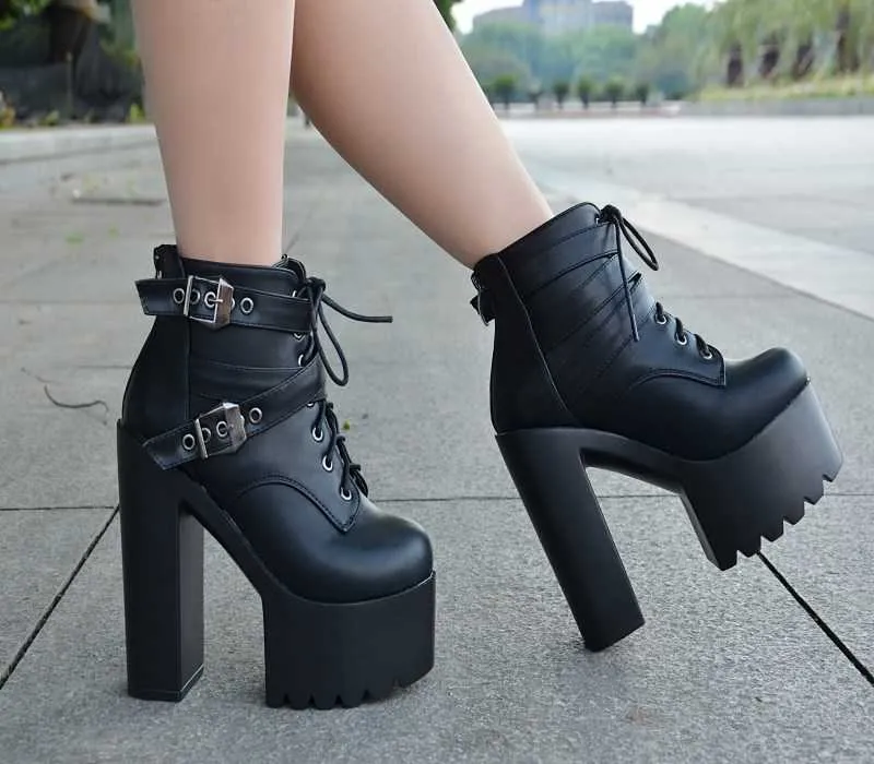 Buy Allegra K Women's Lace Up Strap Platform Block Heels Ankle Boots,  Black, 6 at Amazon.in