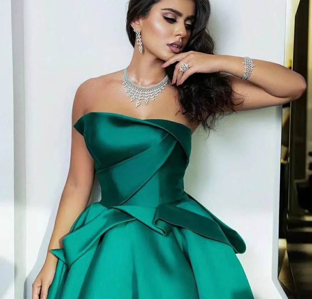 Elegant Green Satin Dress – Overlap Neckline Party & Evening Wear