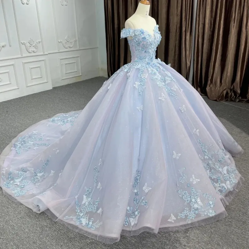 Elegante Vestido De Cumpleaños Azul Claro Vestido De Tul Brillante