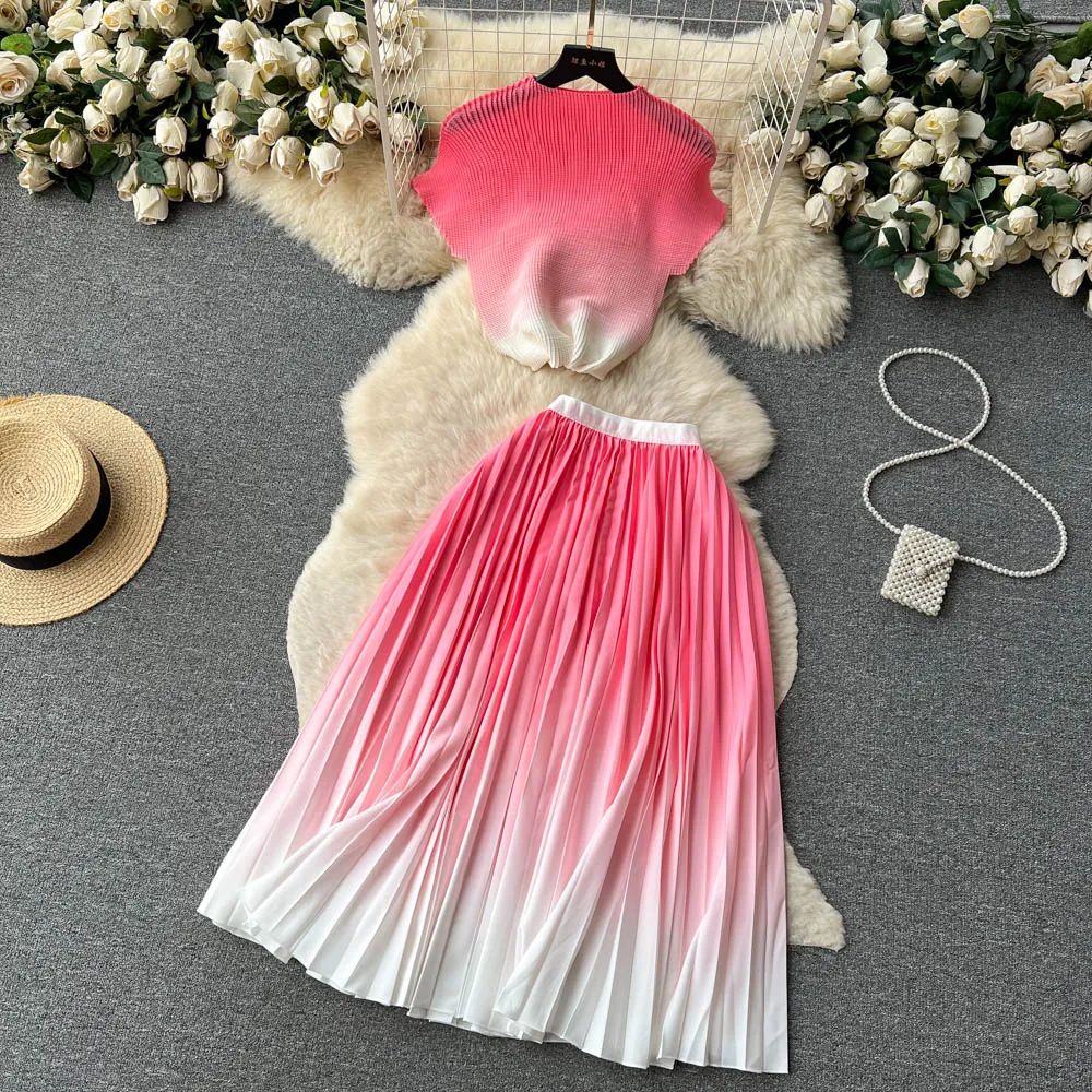 Two Piece Dress Runway Skirts Two Piece Suit Women Stretchy Pullover Tops+Chic Midi Pleated A Line Skirts Lady Summer Casual Sets Outfits 2023