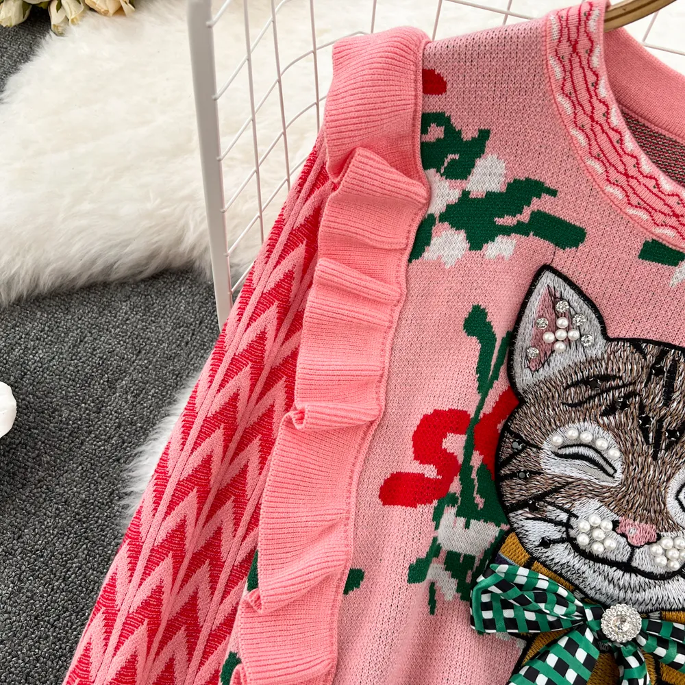 Cute Womens Sweaters: Diamond Beaded Cat Bow Embroidery