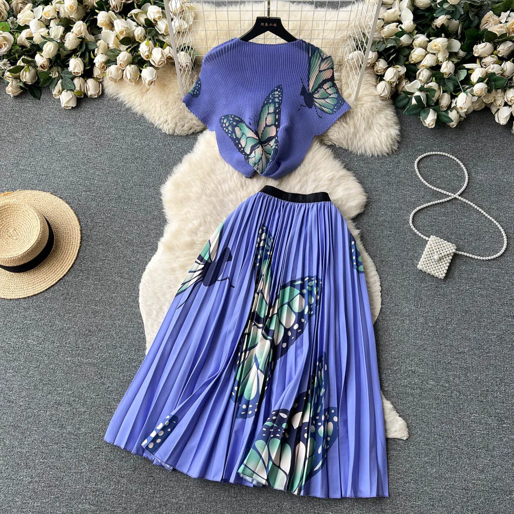 Two Piece Dress Runway Skirts Two Piece Suit Women Stretchy Pullover Tops+Chic Midi Pleated A Line Skirts Lady Summer Casual Sets Outfits 2023