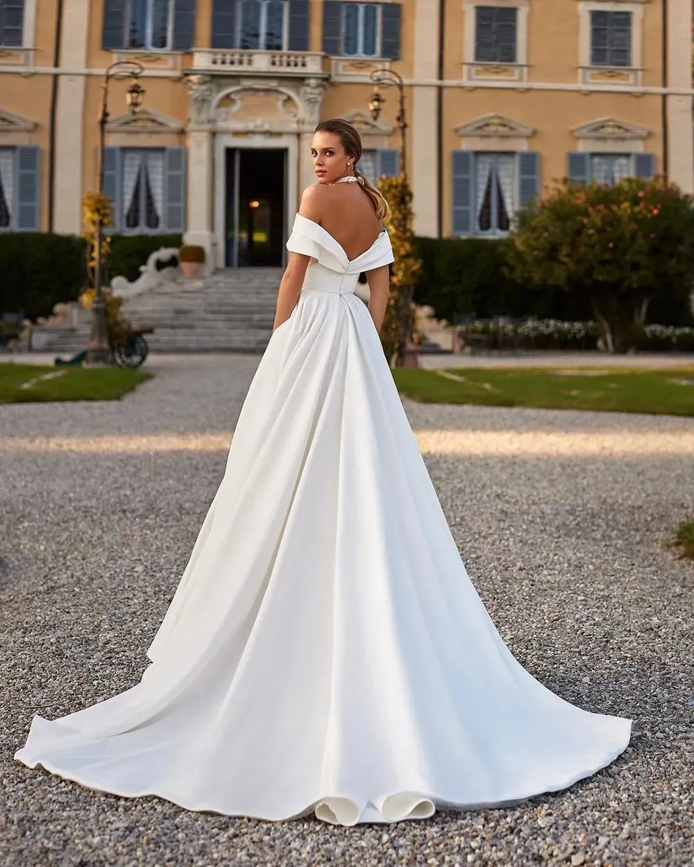 White Satin A Line Off The Shoulder Wedding Dress With Pockets White Satin A Line Off The Shoulder Wedding Dress With Pockets