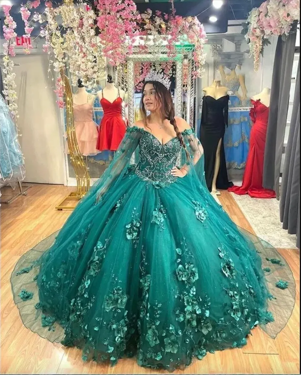 green emerald velvet dress Sherri Hill Floral Corset Satin Prom Dress 56176 Red / 4