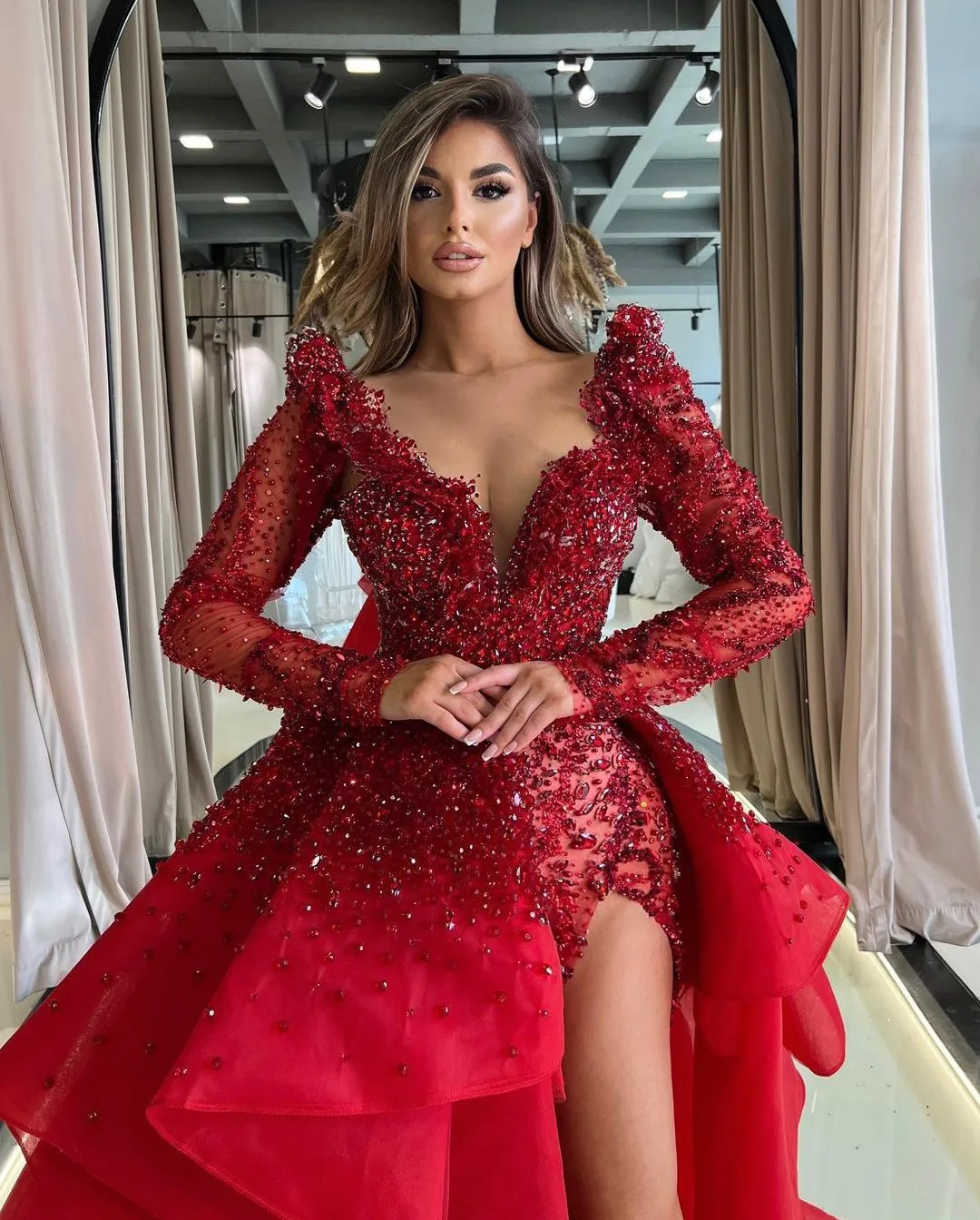 Customizable Plus Size Mermaid Evening Dress With Long Sleeves V Neck Appliques Sequins Beading Detachable Train And Slit From Babynice888 251.62 DHgate.Com
