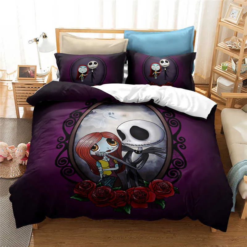 New Nightmare Before Christmas Duvet Cover with Cover Bed Set and Sally 3D Skull Christmas Bedding Set Bedroom Decor L230704