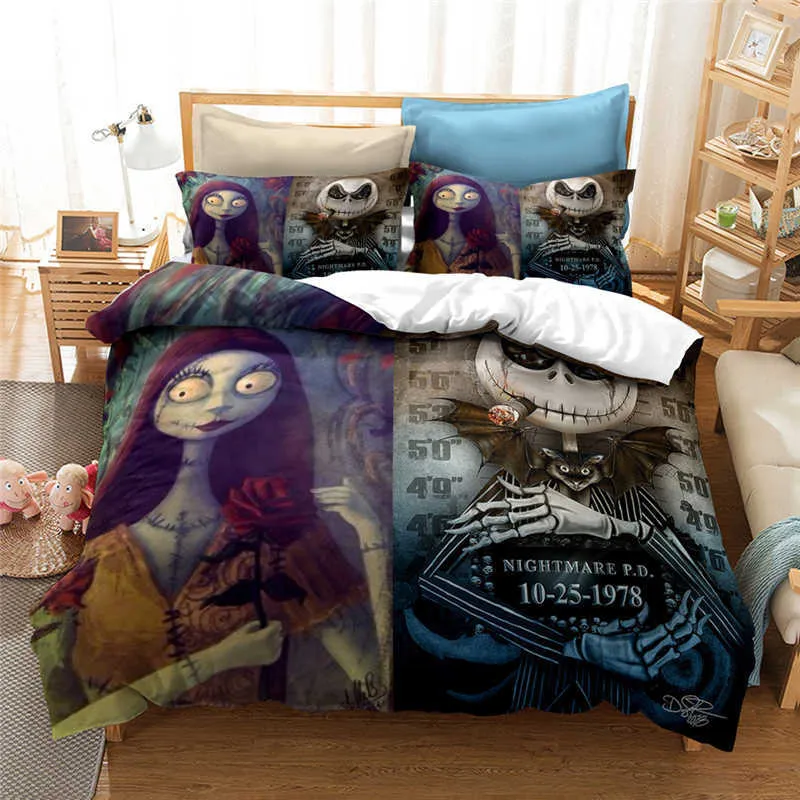 New Nightmare Before Christmas Duvet Cover with Cover Bed Set and Sally 3D Skull Christmas Bedding Set Bedroom Decor L230704