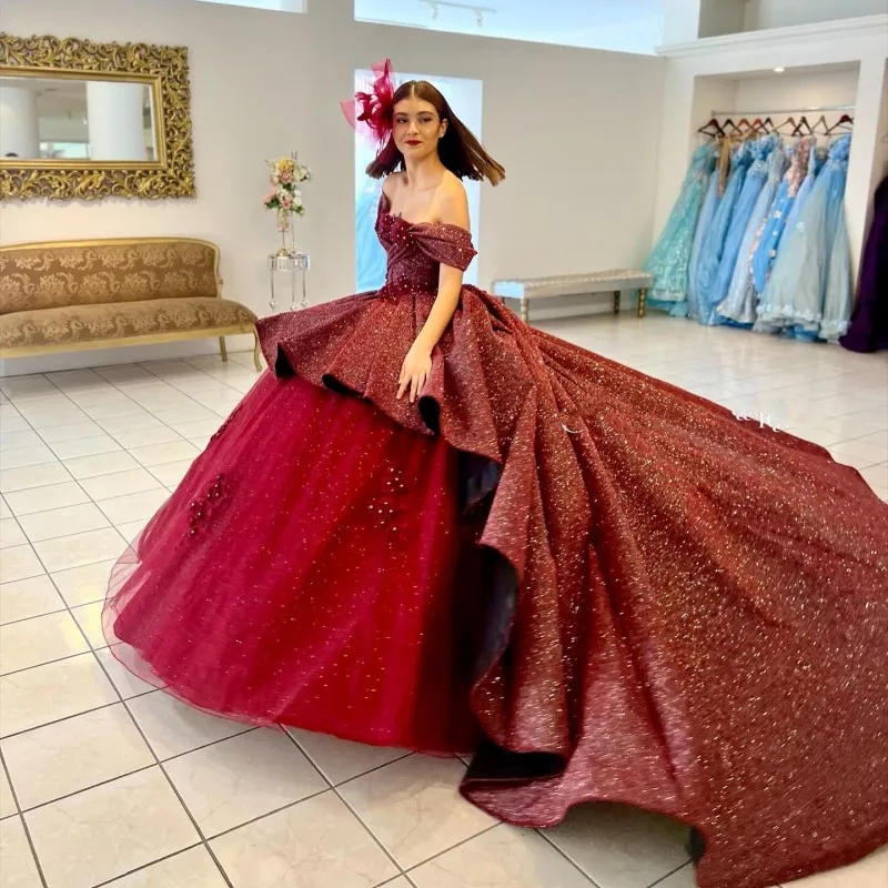 Wine Red Red Glitter Quinceanera Dresses With Off Shoulder