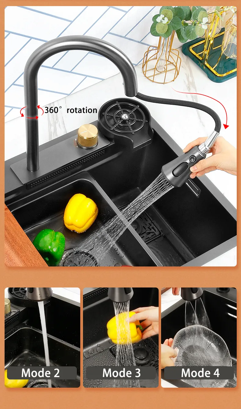 Kitchen Sink Waterfall Faucet Pullout Water Tap Kitchen Accessories Application Single Stainless Steel Bowl Basin Kitchen Sink