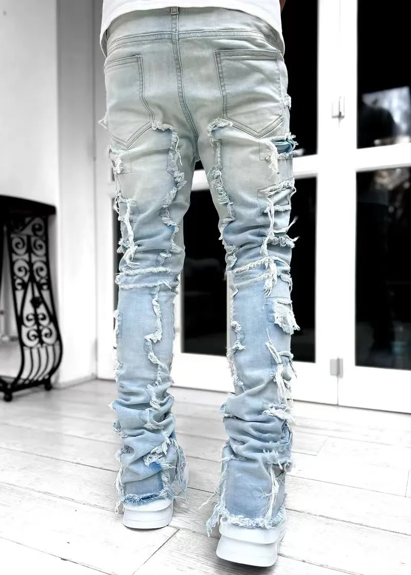 2023 Trendy Mens Torn Mens Stacked Jeans With Embroidery Patchwork 