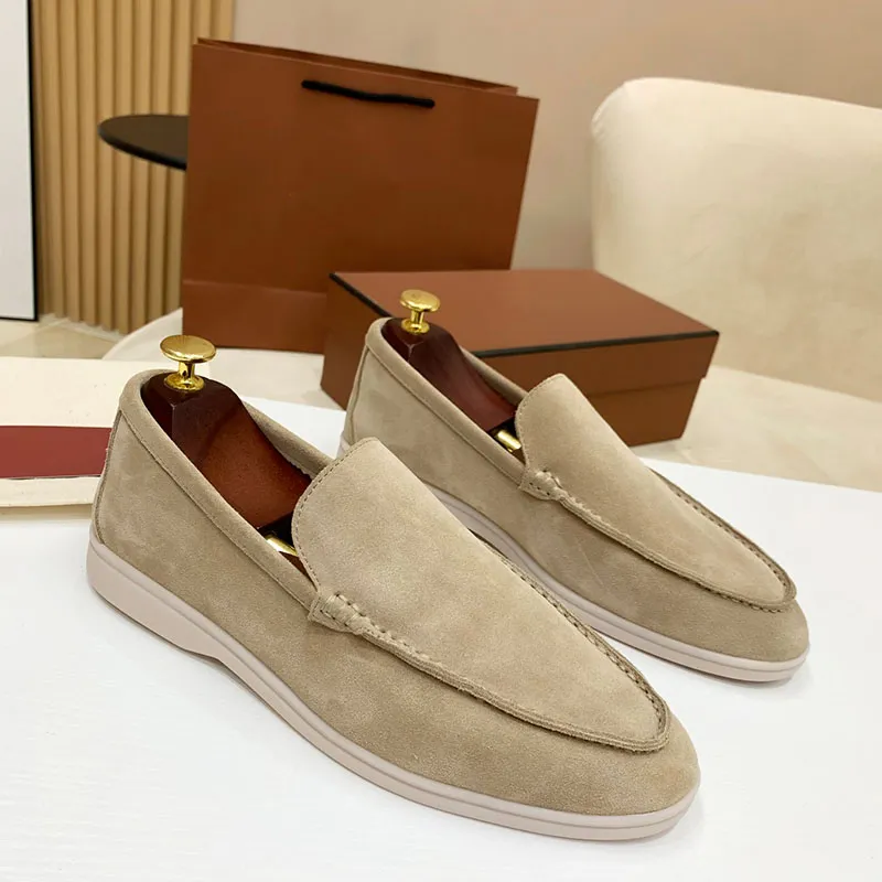 Summer charm embellishment Walk suede Slip-on shoe beige leather casual flat shoes Women's luxury designer flat shoes dress shoes factory shoes