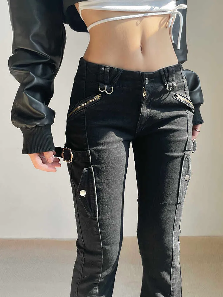 Darlingaga Gothic Punk Skinny Flare Jeans For Women Slim Black