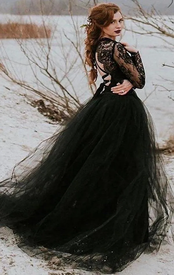 Vintage Bobemian a line dress bride with Black Lace, Tulle, and Gothic Sheer Top, Long Sleeves, Slit Skirt, Criss Cross Back - 2023 Collection