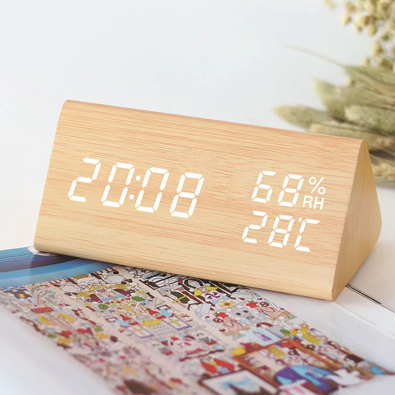 Digital Alarm Clock, with Wooden Electronic LED Time Display, 3 Alarm  Settings, Humidity & Temperature Detect, Wood Made Electric Clocks for  Bedroom
