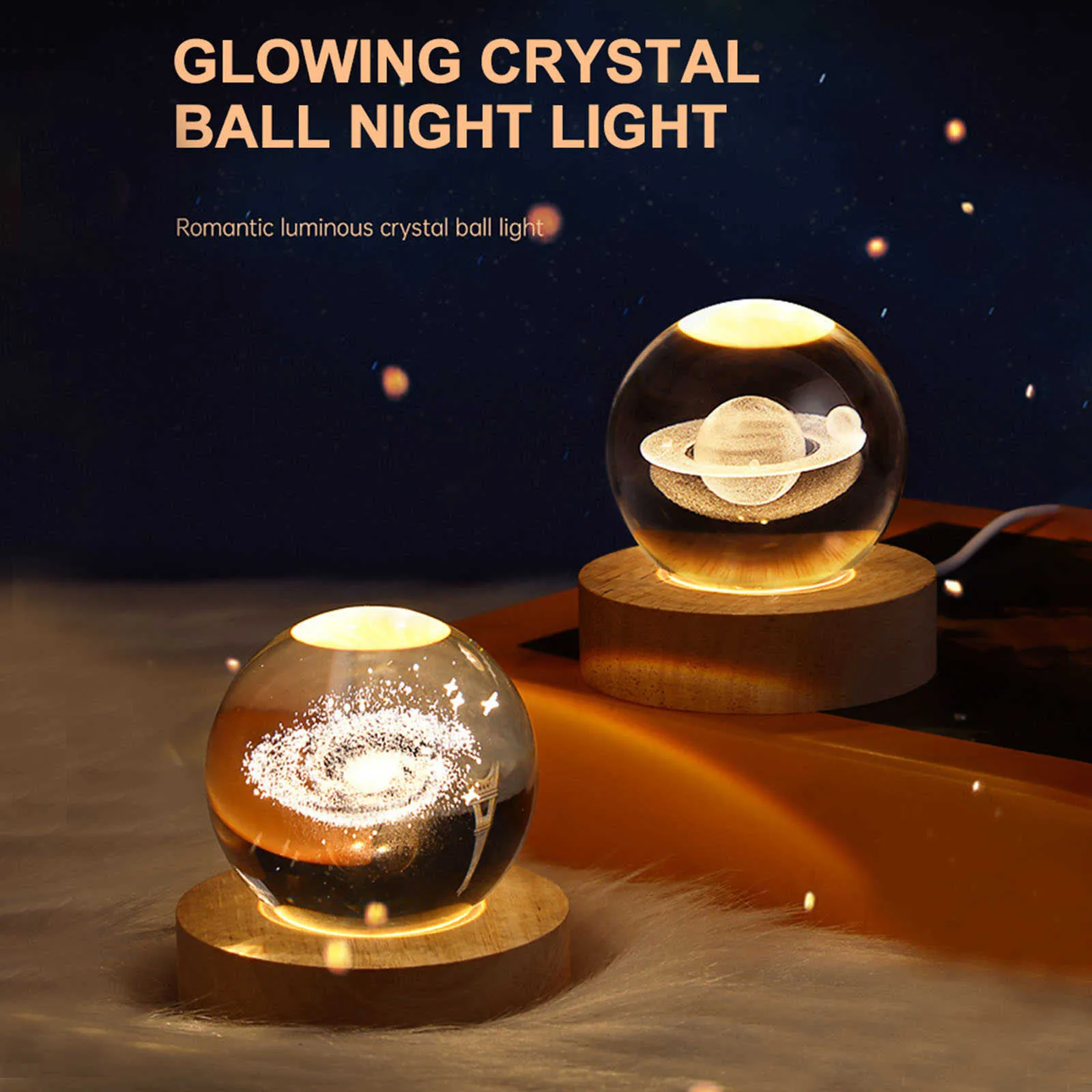 Night Lights Crystal Ball Night Lights Glowing Planet Galaxy Astronaut 3D Moon Table Lamp USB Atmosphere Lamp Tabletop Decorations Kid Gifts P230331