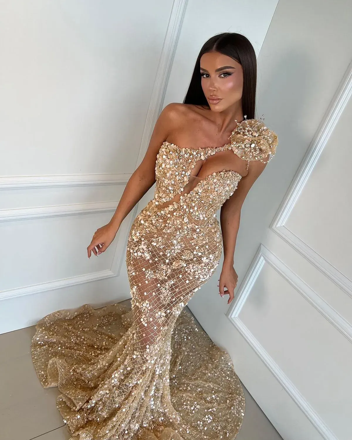 slim fit dress slacks Mac Duggal Women's Sleeveless High Neck Sequin Gown main image 1