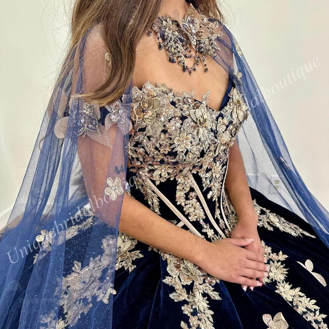 Embroidered Velvet Quinceanera Dress 2024 Detachable Tulle Cape Gold 3D Floral Quince Ballgown Corset Sweet 16 Birthday Party Vestidos De 15 Anos Charro Mexican