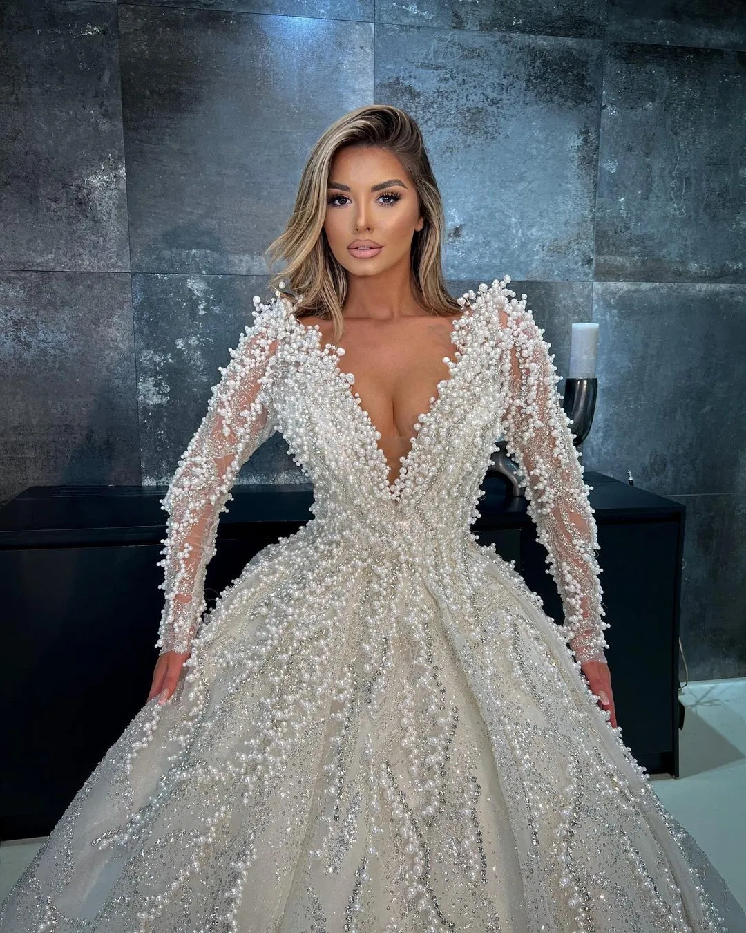 Elegant Fairytale Ball Dress Wedding Gown Evening Gown Designs 2019 Fluffy  Illusion Sleeve Princess Navy Wedding