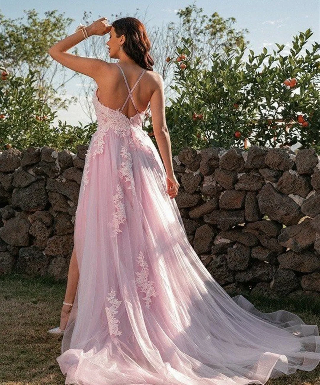 Elegant Pink Tulle V-Neck Long Prom Dress - Spaghetti Straps & Slit. Shop  Now! Best Seller! from Dhgate Evening Dresses - price 68.17