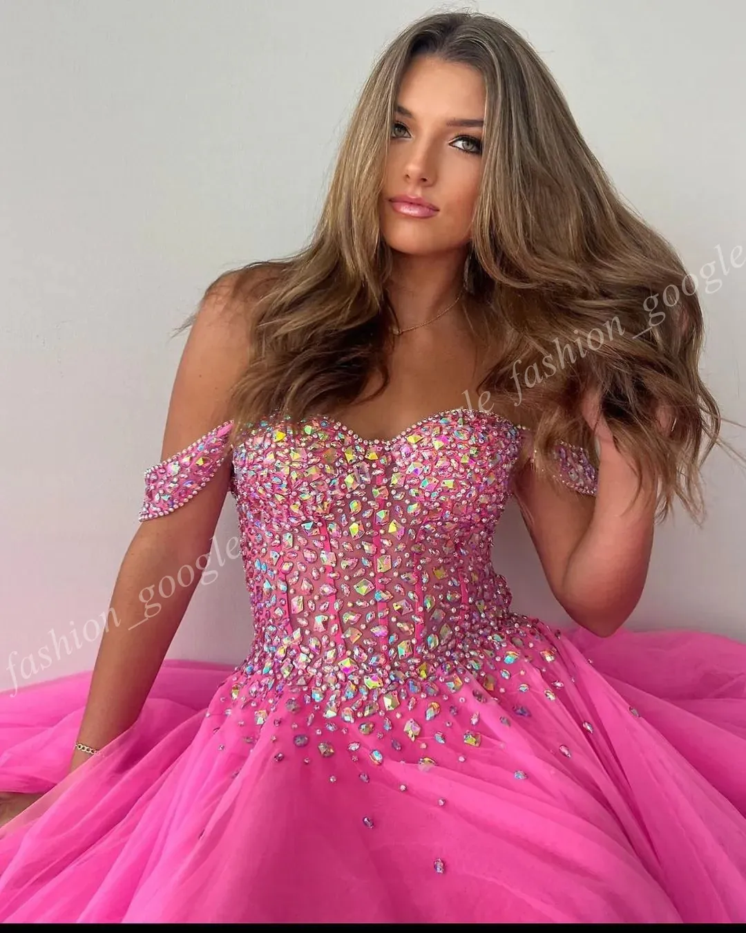 Pink Prom Dress 2k24 Jvn Sparkle Crystal Corset Off Shoulder Young Lady Pageant Winter Formal Evening Cocktail Sweet 16 Birthday Party Hoco Gala Gown