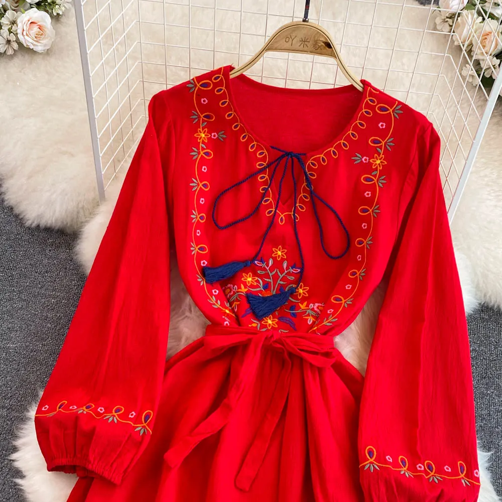2023 Vintage Casual Dresses Sexy Print designer Clothing A line Fall new women's Dresses wear thin, hollow-out embroidered dress