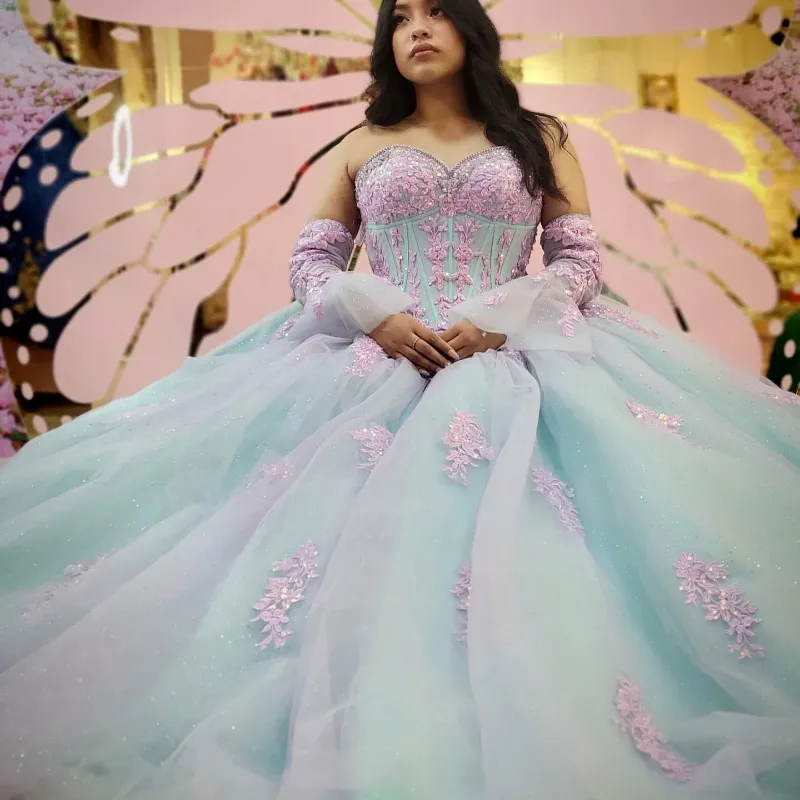 Light Green Ball Gown Quinceanera Dress Crystal Beads Lace Appliqu Tulle  Sweep Train