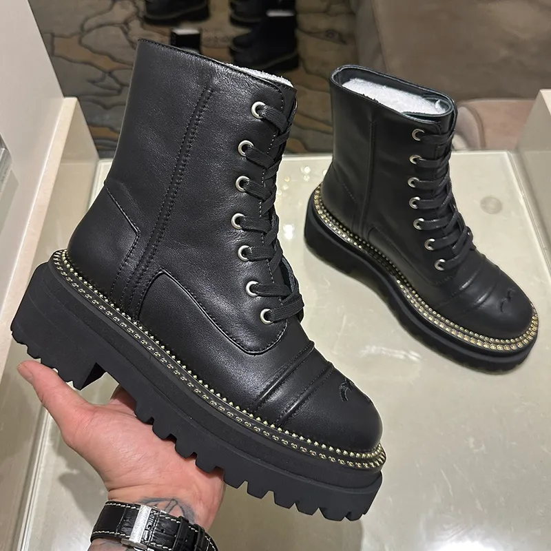 Winter New Boots Famous Women Designer Metal Letter Rhinestone Lace Up Brand Booties Ladies Boots Genuine Leather Round Head Thick Sole Elevated Winter Boot From 111 77 DHgate