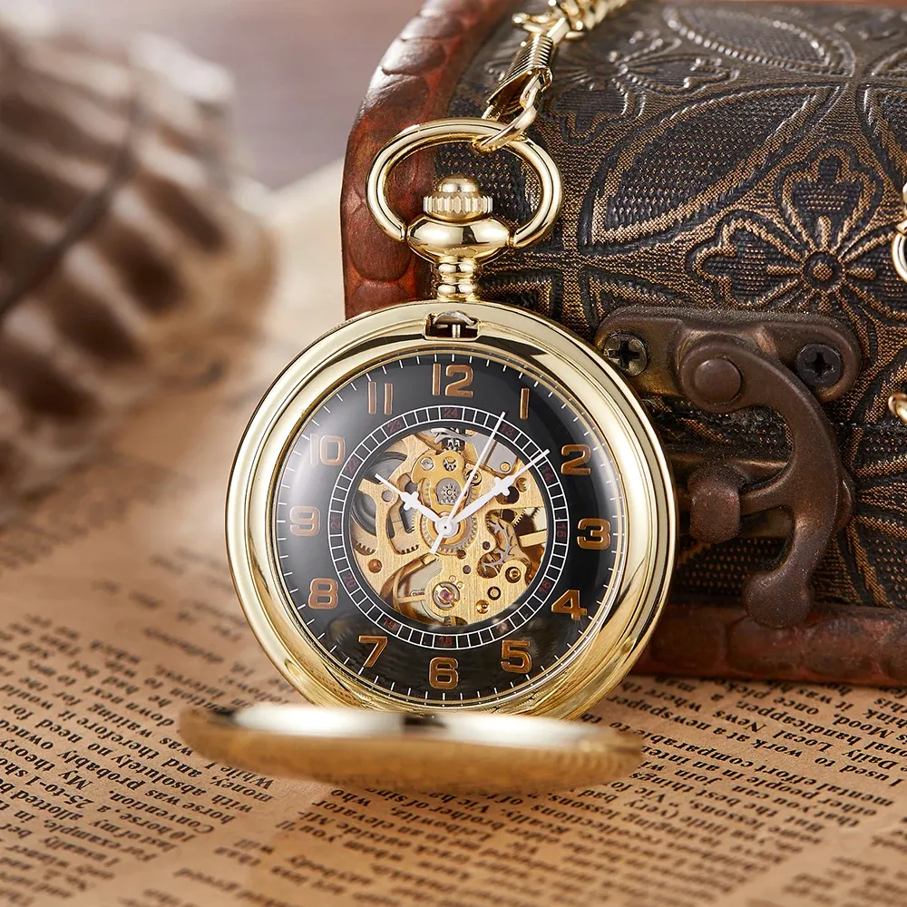 Vintage Pocket Watch Gold Men Smooth Mirror Case Luxury Skeleton Dial FOB Steampunk Clock Women Relogio Masculino