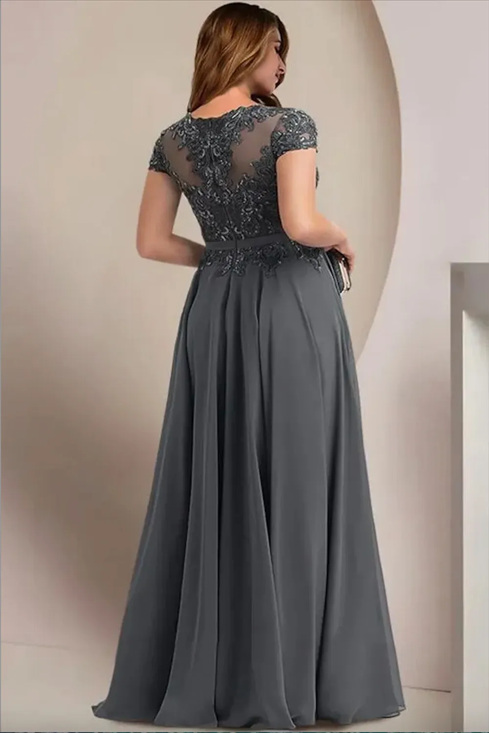 Vintage Dark Grey Mother of the Bride floor length dress with Sheer Neckline, Appliques, Cap Sleeves, and A-Line Silhouette - Customizable Plus Size Vintage Dark Grey Mother of the Bride floor length dress with Sheer Neckline, Appliques, Cap Sleeves, and A-Line Silhouette - Customizable Plus Size