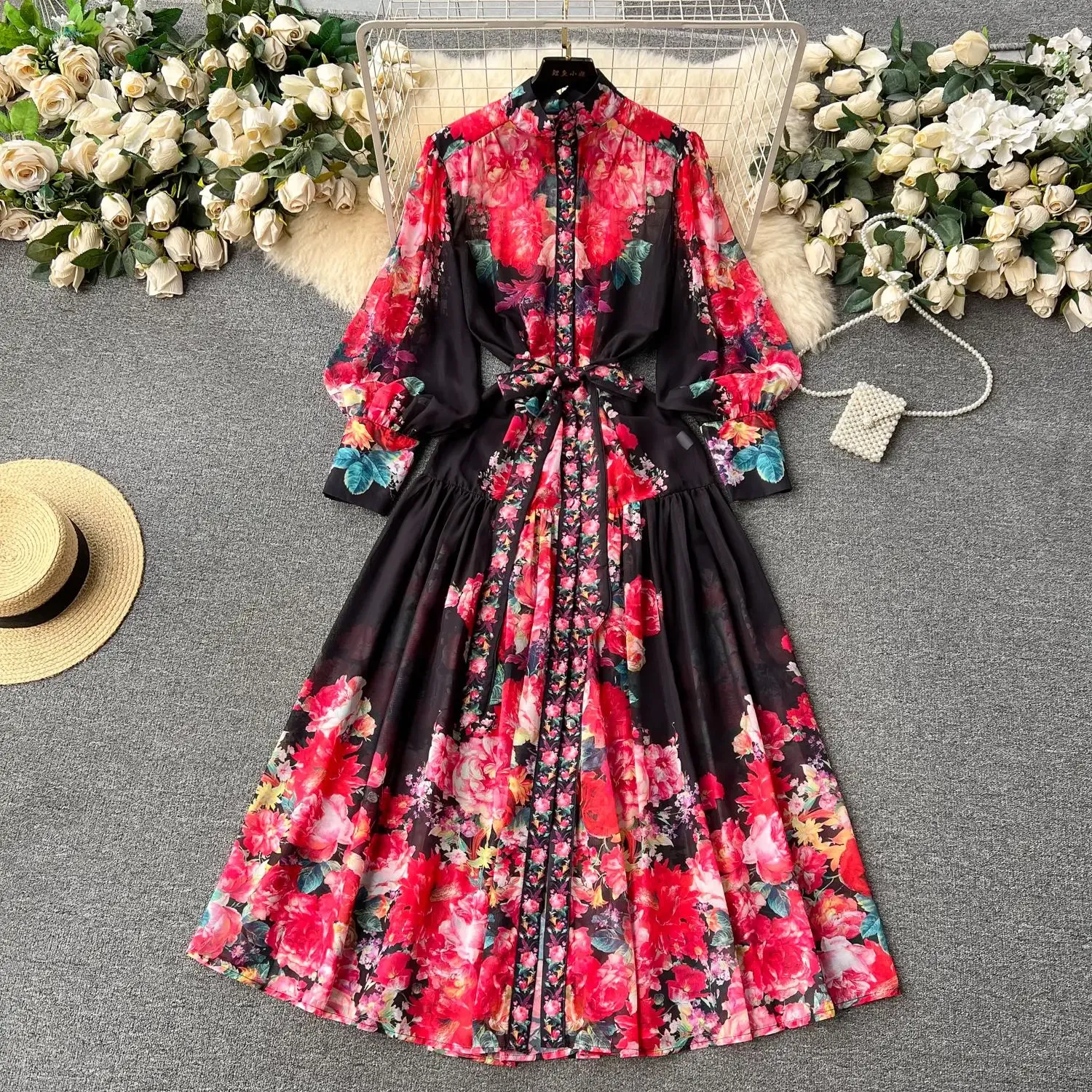 Elegant Chiffon Maxi Dress Women Stand Collar Lantern Sleeve Floral Print Sashes Holiday Boho Long Robes Vestidos 2024