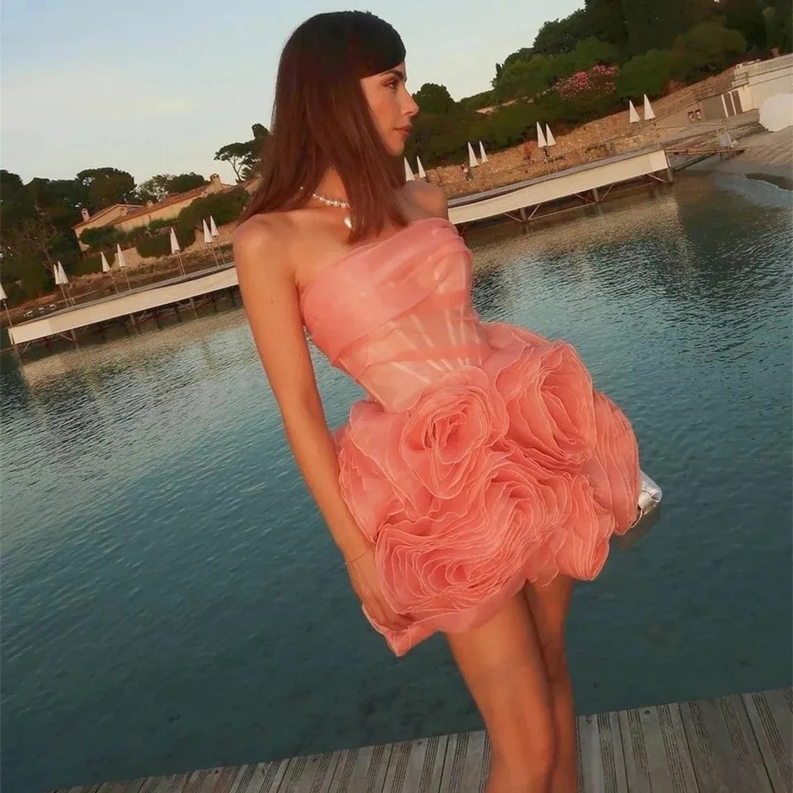 Strapless Coral Pink Floral Orange Pink Sparkly Cocktail Dress For