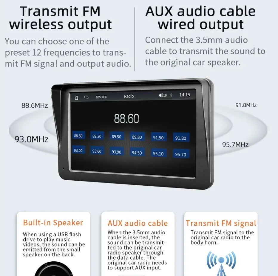 Portable 7 inch Car Radio Android Auto Wireless Carplay Car Stereo Rotated 270 Degree USB SD FM GPS Navigation Audio Universal