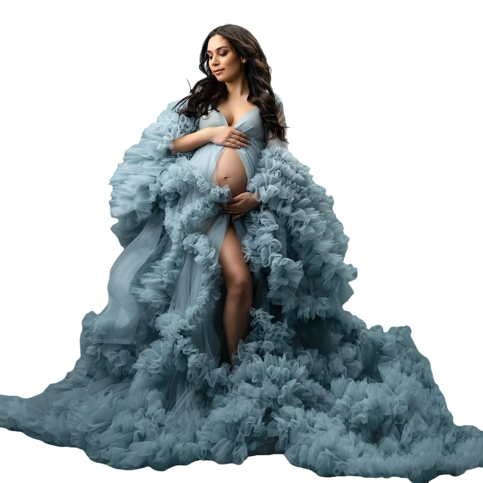 knee length dresses for ladies Blue Lace Mesh Overlay Off Shoulder Maternity Maxi Dress Small - Pinkblush main image 0