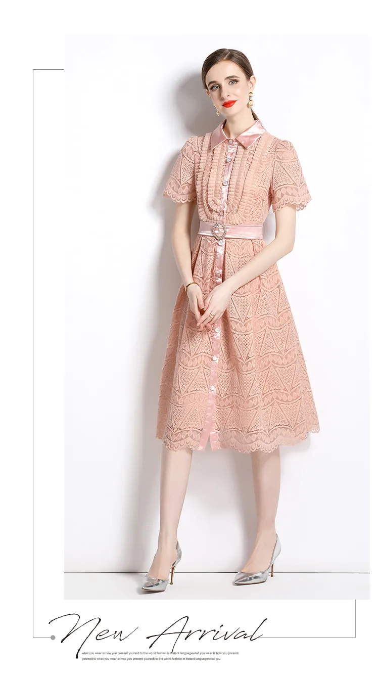 2023 Casual Dresses Luxury Runway Pink Embroidery Mesh Dress Robe Women's Lapel Collar Short Sleeve High Waist Midi Dress With Belt Vestidos